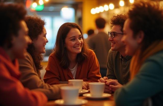 Menschen lachen und unterhalten sich in der lebhaften Café-Atmosphäre