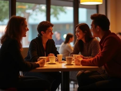 Gäste genießen die Atmosphäre und unterhalten sich im Café