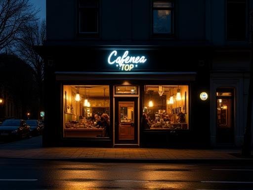 Außenansicht des Cafés bei Nacht mit warmer Beleuchtung
